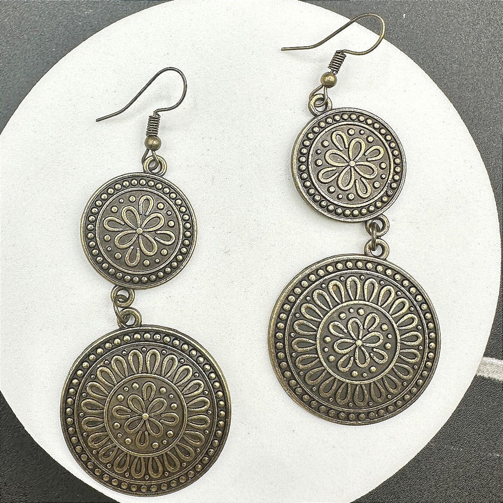 VTG 2 Tier Dangle Earrings Bronze Tone Metal Mandala Flower Disc Drop Boho‎ Long